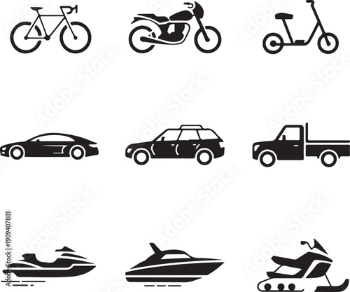 set of black silhouettes of various vehicles on white background