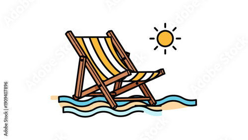 An illustration depicting a beach scene with a striped beach chair and a stylized sun