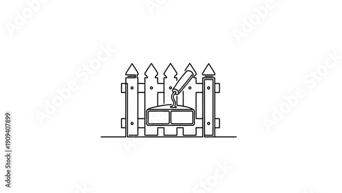 Simple black and white line drawing of a fence with a paint roller hovering over it