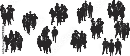 Crowd group silhouettes collection, people standing and talking black vector illustration isolated on white background for social concept