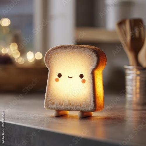Adorable Smiling Toast Night Light Emitting Warm, Cozy Glow on Dark Kitchen Countertop.