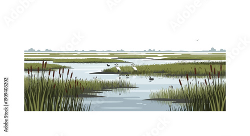 Serene wetland landscape with diverse wildlife, including birds and aquatic plants, under a clear sky.