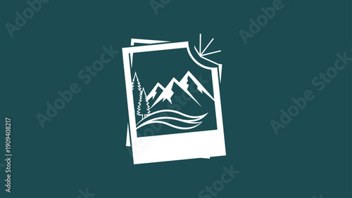White stylized landscape within a photograph frame on teal, suggesting memory or travel