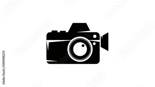 A black and white vector graphic of a camera with a lens and attached viewfinder