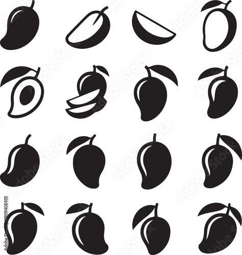 Collection of various mango fruit icons in different styles and shapes