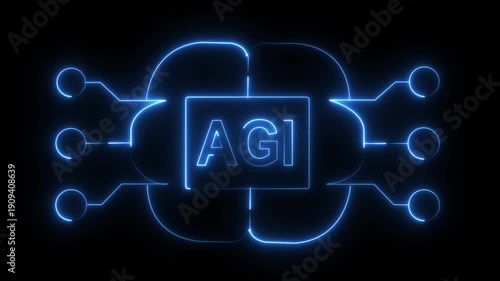 Artificial general intelligence concept animation with glowing blue neon circuits forming a brain shape around the agi text on a dark background representing technology and future advancement