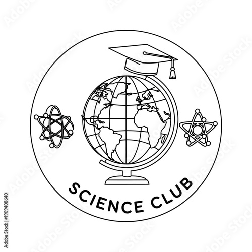 Circular science club logo with globe wearing a graduation cap, atoms, and star molecule