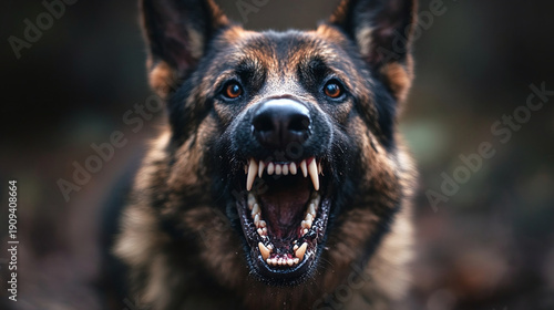Aggressive dog snarling with bared teeth in close-up portrait.