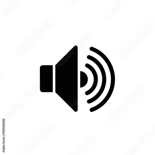 Black loudspeaker icon with sound waves emanating from the cone. Simple, digital, and modern