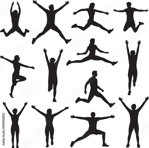 set of jumping people silhouettes in various dynamic poses