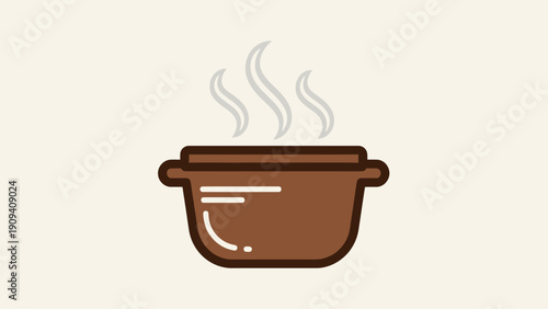 A cartoonish brown cooking pot, with steam rising from it, on a beige background