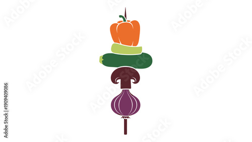 A stylized kebab skewer with bell pepper, zucchini, mushroom, and onion against a white background
