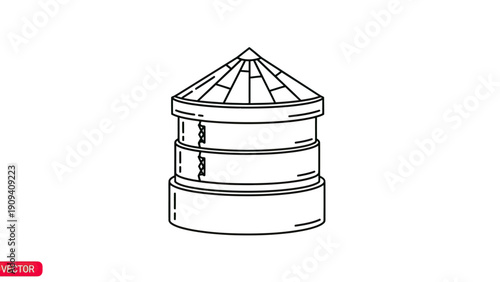 A simple, black and white line art illustration of a layered steamer with a pointed top