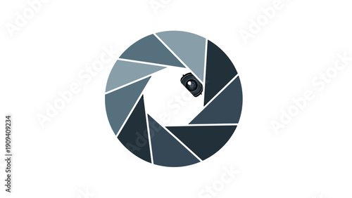 A graphic featuring a camera lens aperture. The aperture reveals a small camera