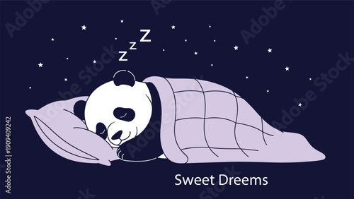 Sweet dreams illustration of a cute panda sleeping under a purple blanket in a starry night sky setting.