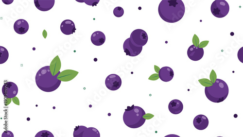 Seamless pattern of fresh blueberries with green leaves and small dark spots on a crisp white background.