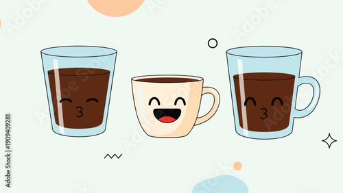 Three cute cartoon coffee cups with smiling faces are shown in a playful illustration style on a soft pastel background with simple shapes.
