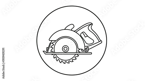 A circular saw icon illustration within a circle, depicted with simple black lines