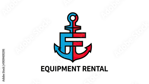 A stylized anchor logo split vertically into blue and red, with text "Equipment Rental" below