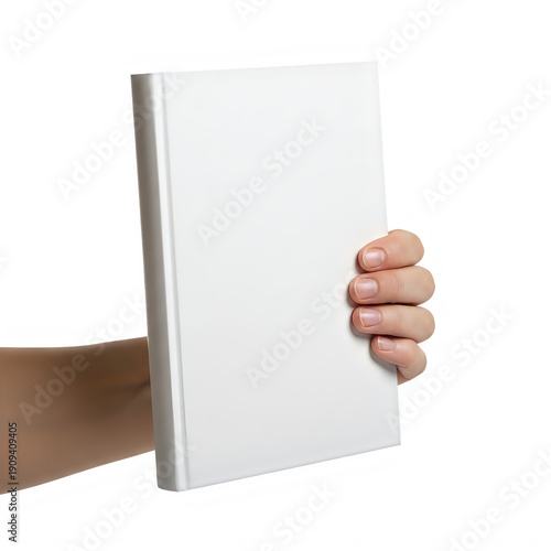 A hand holding a blank white book against a white background.