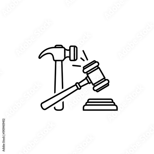 Black line art depicts a hammer and gavel, symbolizing legal concepts