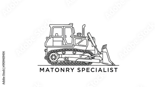 Minimalist outline of a bulldozer on tracks, with text "MATONRY SPECIALIST" below