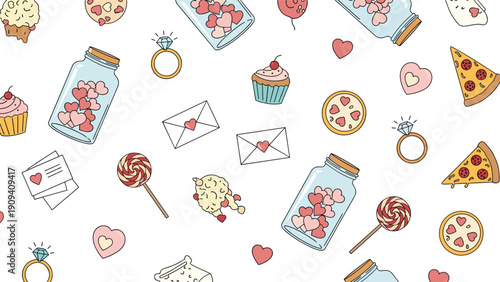 Romantic seamless pattern features various icons like love letters, cupcakes, pizza slices, diamond rings, and glass jars filled with pink hearts.