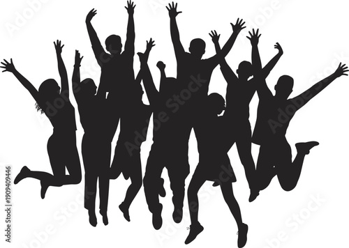 Happy friends jumping silhouette, energetic group celebrating success, teamwork unity concept black vector isolated on white background