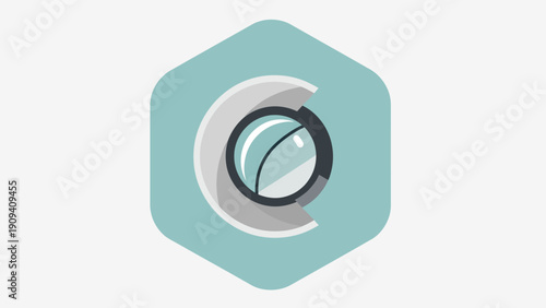 A stylized lens or aperture graphic in a rounded hexagon shape with overlapping elements