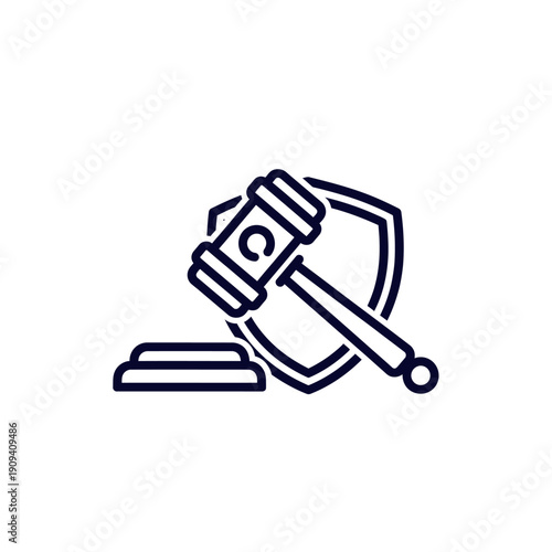 A gavel resting on a block in front of a shield. It signifies law and justice