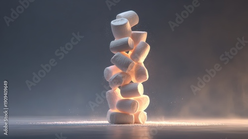 Artistic Stack of Fluffy Marshmallows with Warm Backlight and Reflection.