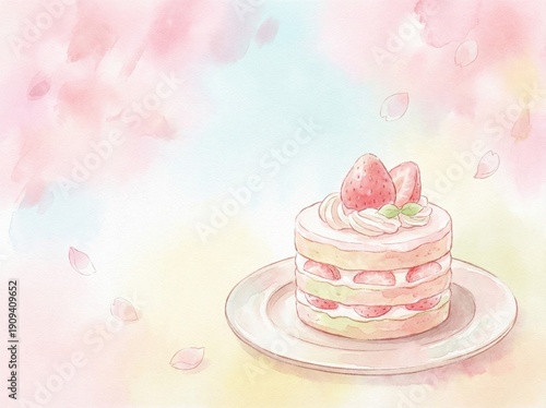 春背景に映える水彩イチゴケーキスイーツ素材