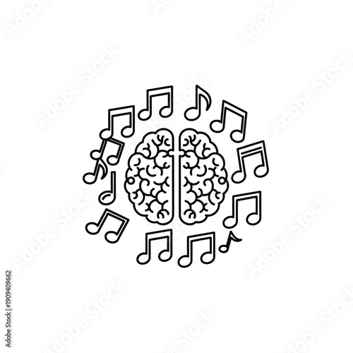A stylized brain encircled by musical notes, all in black outline on a white background