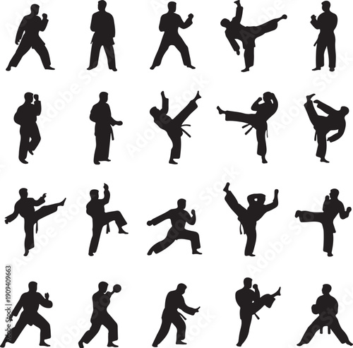 martial arts silhouettes of people in various fighting poses and stances