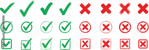 Hand Drawn Approval Rejection Icons, Green Check Red X Marks, Brush Painted Symbol Pack