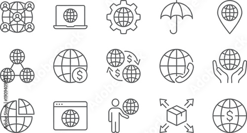 Linear vector icon set for global business and international trade featuring world maps logistics shipping insurance currency exchange and worldwide networking symbols