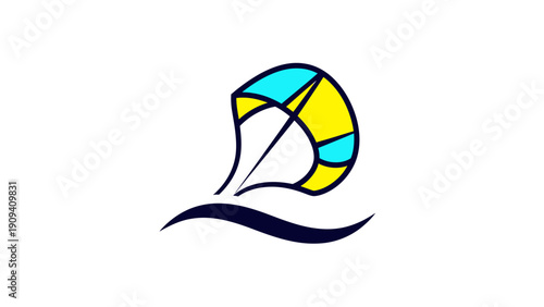 Vector illustration of kite surfing with blue and yellow kite, and water wave