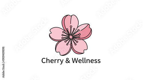 A pink cherry blossom icon with black outlines, petals, and stamens on a white background