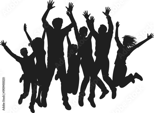 Group of happy people jumping silhouette, energetic friends celebrating success, teamwork concept black vector isolated on white background