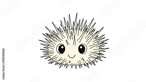 Cute cartoon sea urchin with many sharp spikes and big friendly eyes is smiling on a plain white background in a simple vector illustration.