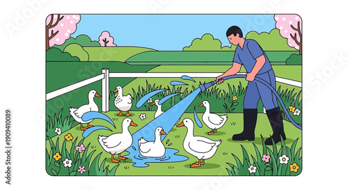 Farmer Watering Geese in a Sunny Meadow with Spring Blooms