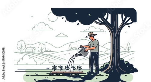 Farmer Watering Plants in a Rural Landscape with Tree