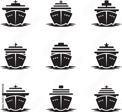 set of ship bow icons in black color  marine transportation symbols