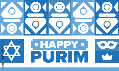 Purim. Happy Purim. Traditional Jewish religious holiday. Star of David, Carnival mask. Israel history. Сelebrated by a masquerade and festival. Poster art. Vector illustration