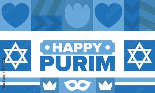 Purim. Happy Purim. Traditional Jewish religious holiday. Star of David, Carnival mask. Israel history. Сelebrated by a masquerade and festival. Poster art. Vector illustration