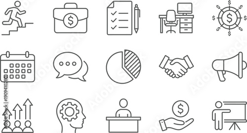 Linear vector icon set for business management and career growth featuring financial briefcases office workspaces pie charts handshakes megaphones and professional presentation boards