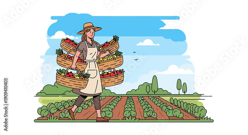 Farmer Woman Carrying Harvest Baskets Full of Fresh Vegetables and Fruits in Field