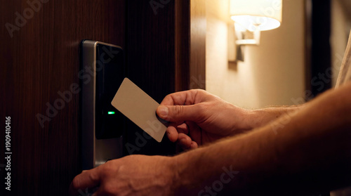 Close up of hand using key card to unlock electronic door. Person entering hotel room with smart lock technology. Security and access concept
