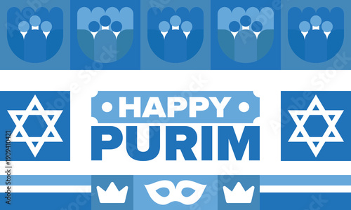 Purim. Happy Purim. Traditional Jewish religious holiday. Star of David, Carnival mask. Israel history. Сelebrated by a masquerade and festival. Poster art. Vector illustration