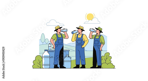 Farmers Drinking Water Refreshment in Sunny Field, Agricultural Workers Break